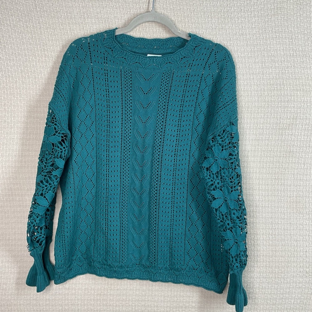 Womens Crochet Sweater Women's Size Large Aqua Green Floral Knit Boho Lace Sleev